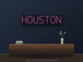 Houston City Name Neon Sign shown above a walnut console in a styled room mockup