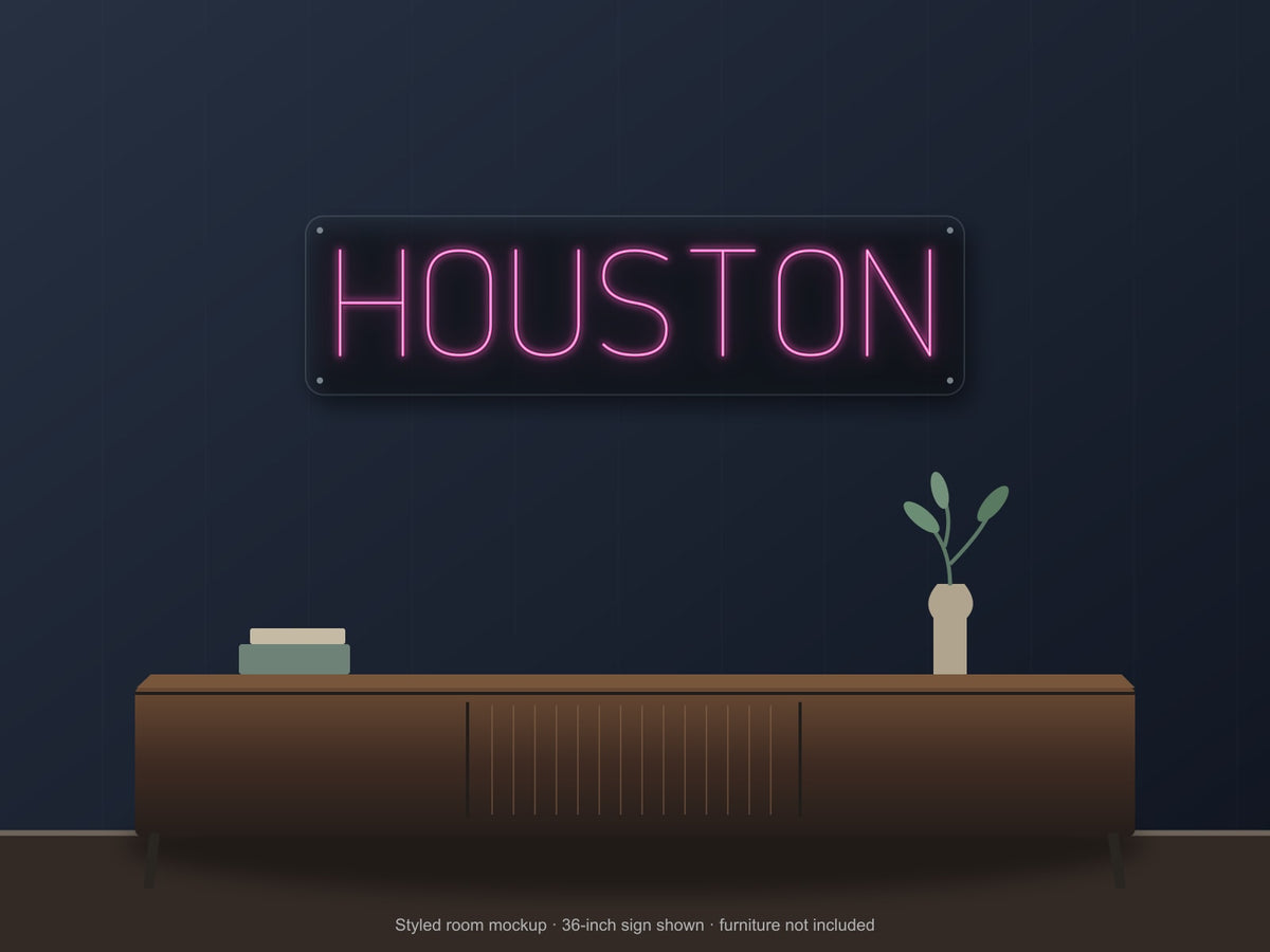 Houston City Name Neon Sign shown above a walnut console in a styled room mockup
