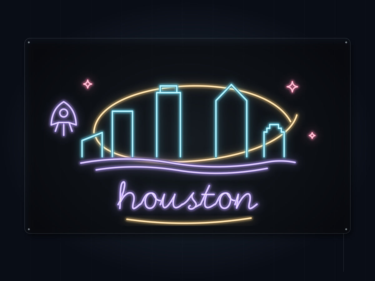 Houston Skyline Neon Sign with colorful landmark artwork and flowing city lettering - front digital render