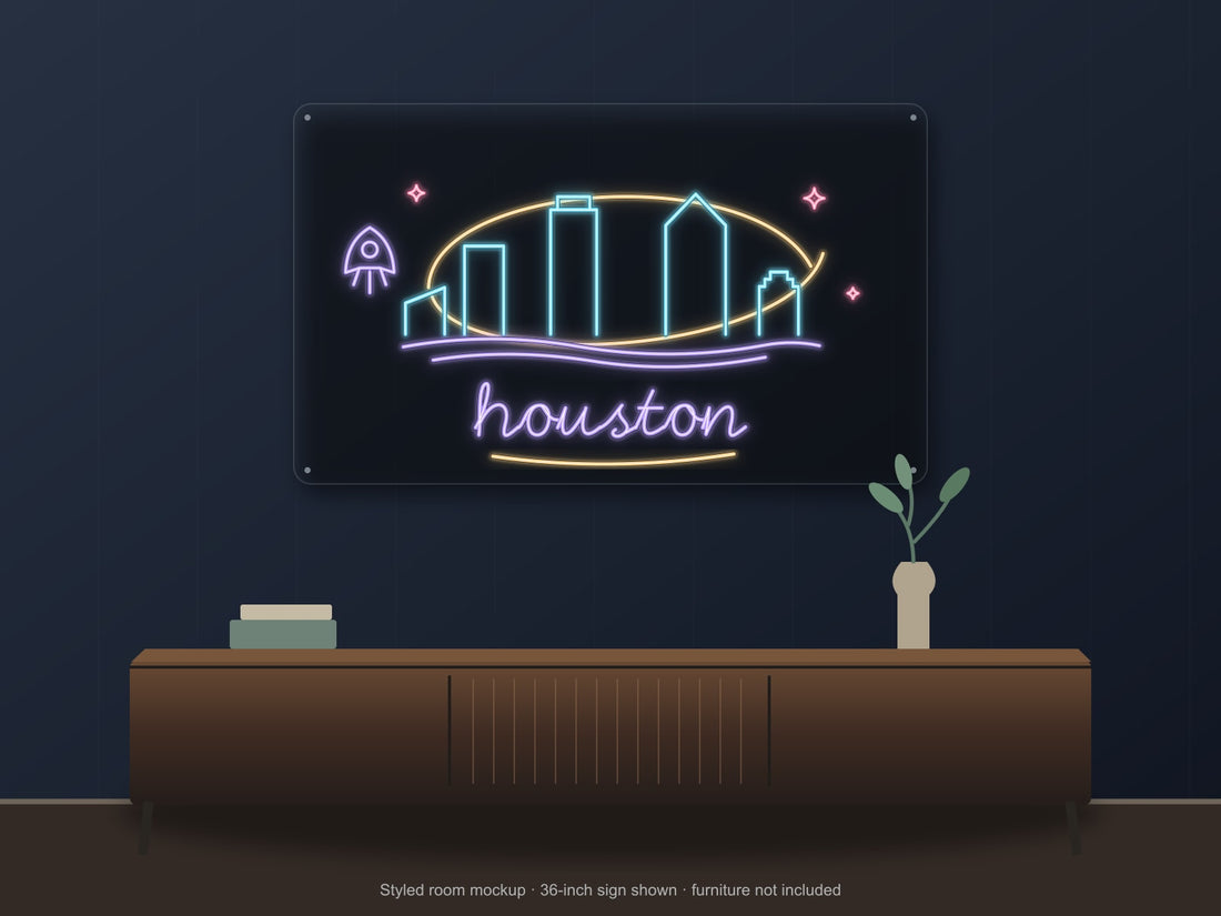 Houston Skyline Neon Sign with colorful landmark artwork and flowing city lettering - front digital render