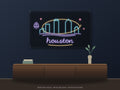 Houston Skyline Neon Sign shown above a walnut console in a styled room mockup