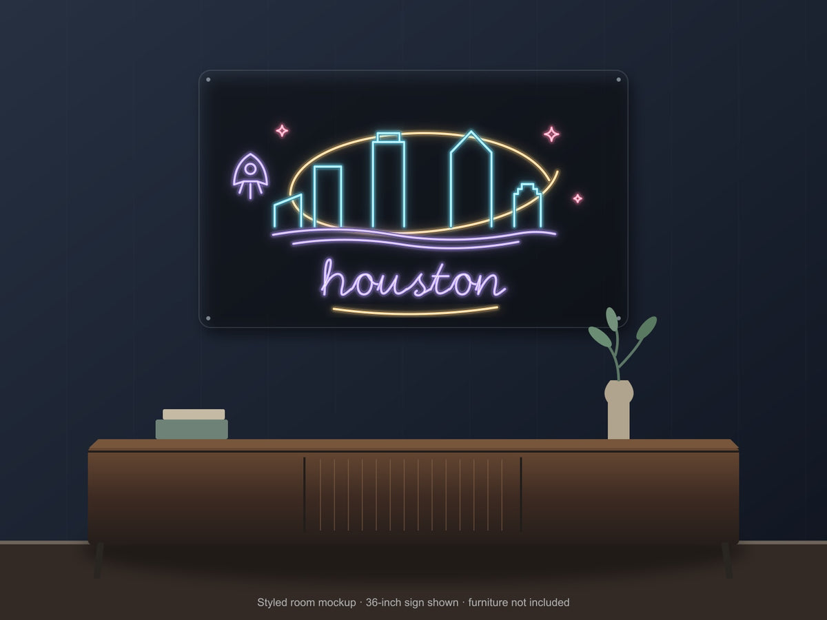 Houston Skyline Neon Sign shown above a walnut console in a styled room mockup
