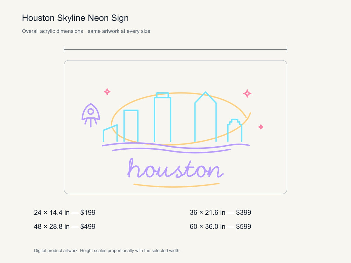 Houston Skyline Neon Sign size guide with overall dimensions for all four widths
