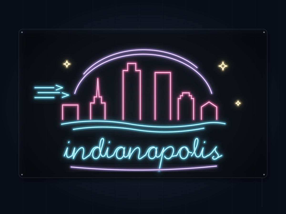 Indianapolis Skyline Neon Sign with colorful landmark artwork and flowing city lettering - front digital render