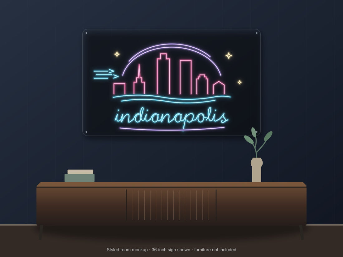Indianapolis Skyline Neon Sign with colorful landmark artwork and flowing city lettering - front digital render