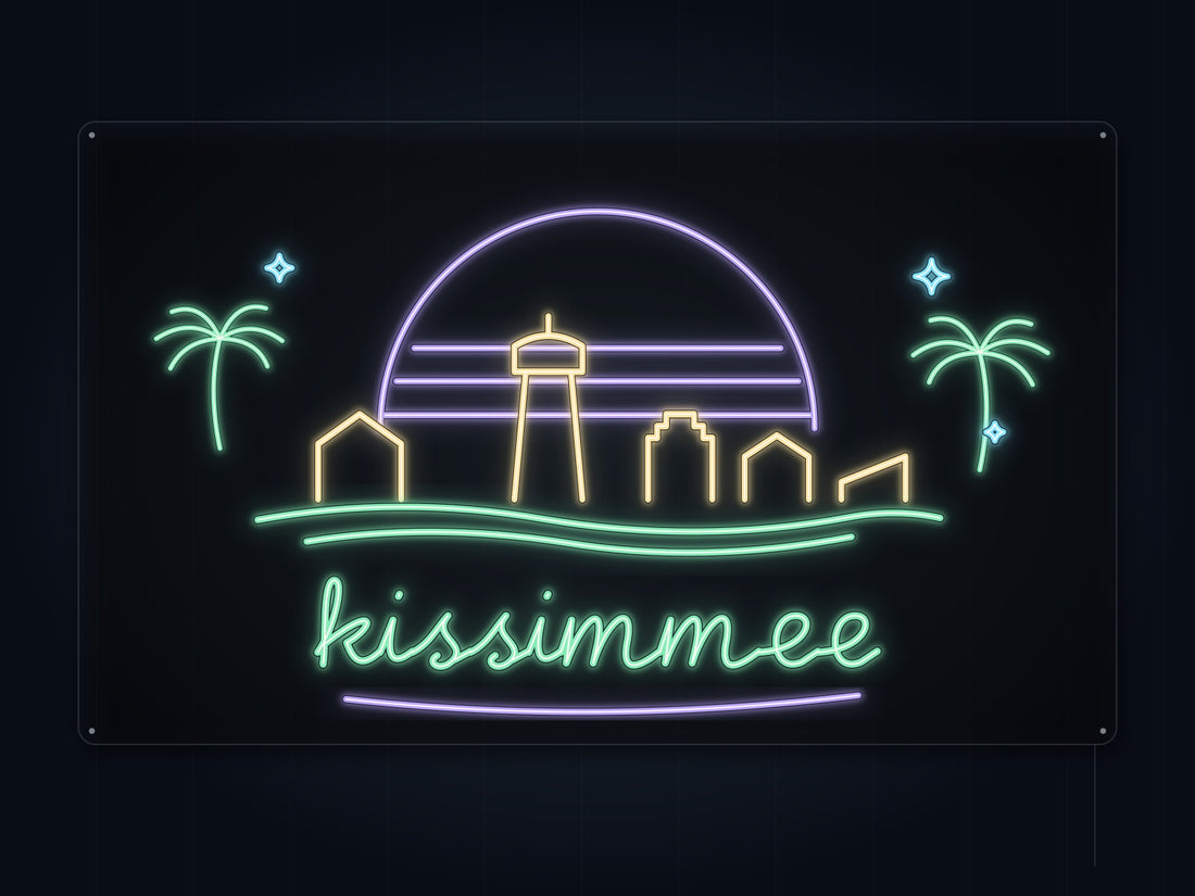 Kissimmee Skyline Neon Sign with colorful landmark artwork and flowing city lettering - front digital render