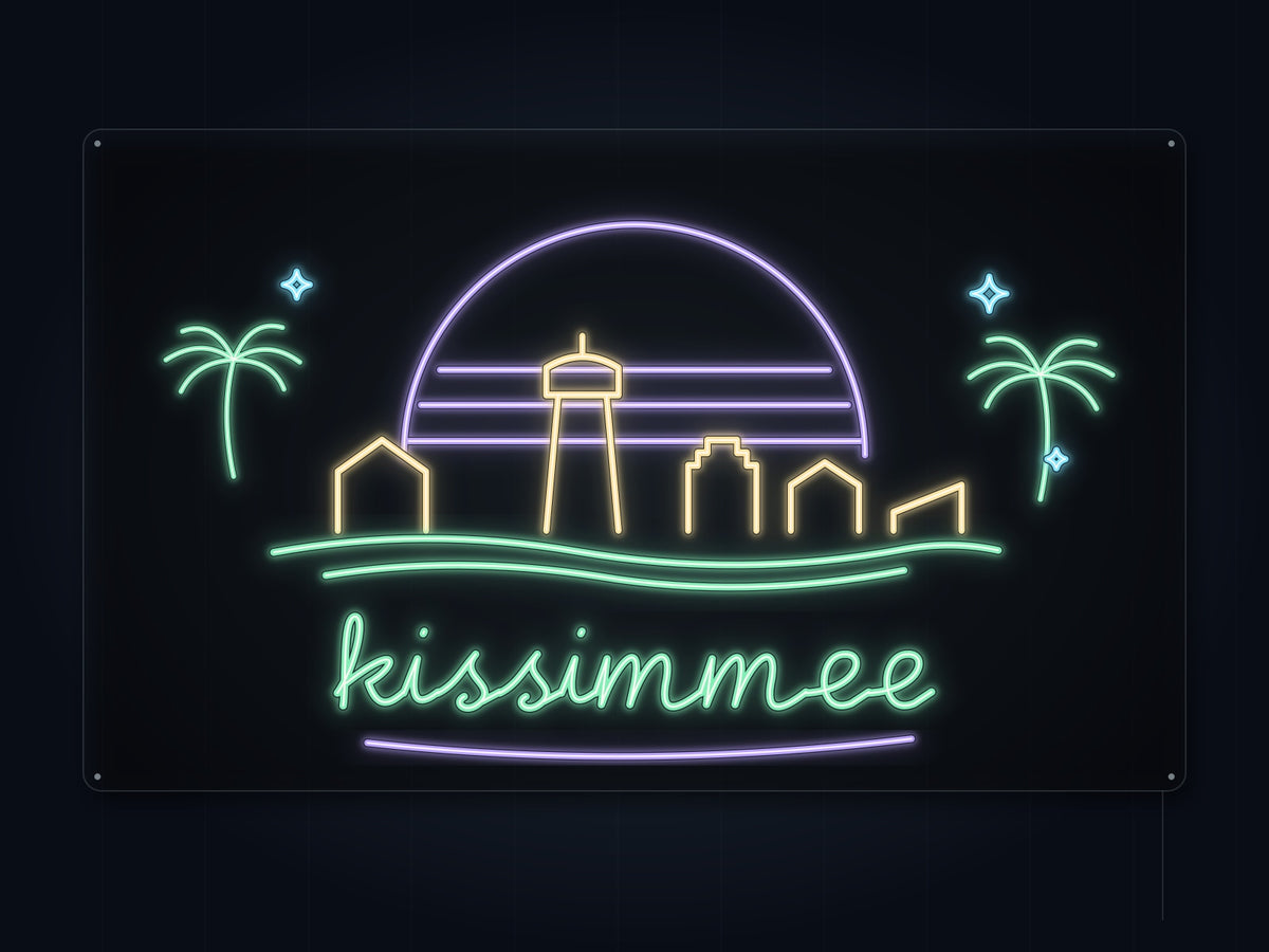 Kissimmee Skyline Neon Sign with colorful landmark artwork and flowing city lettering - front digital render