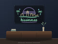 Kissimmee Skyline Neon Sign shown above a walnut console in a styled room mockup