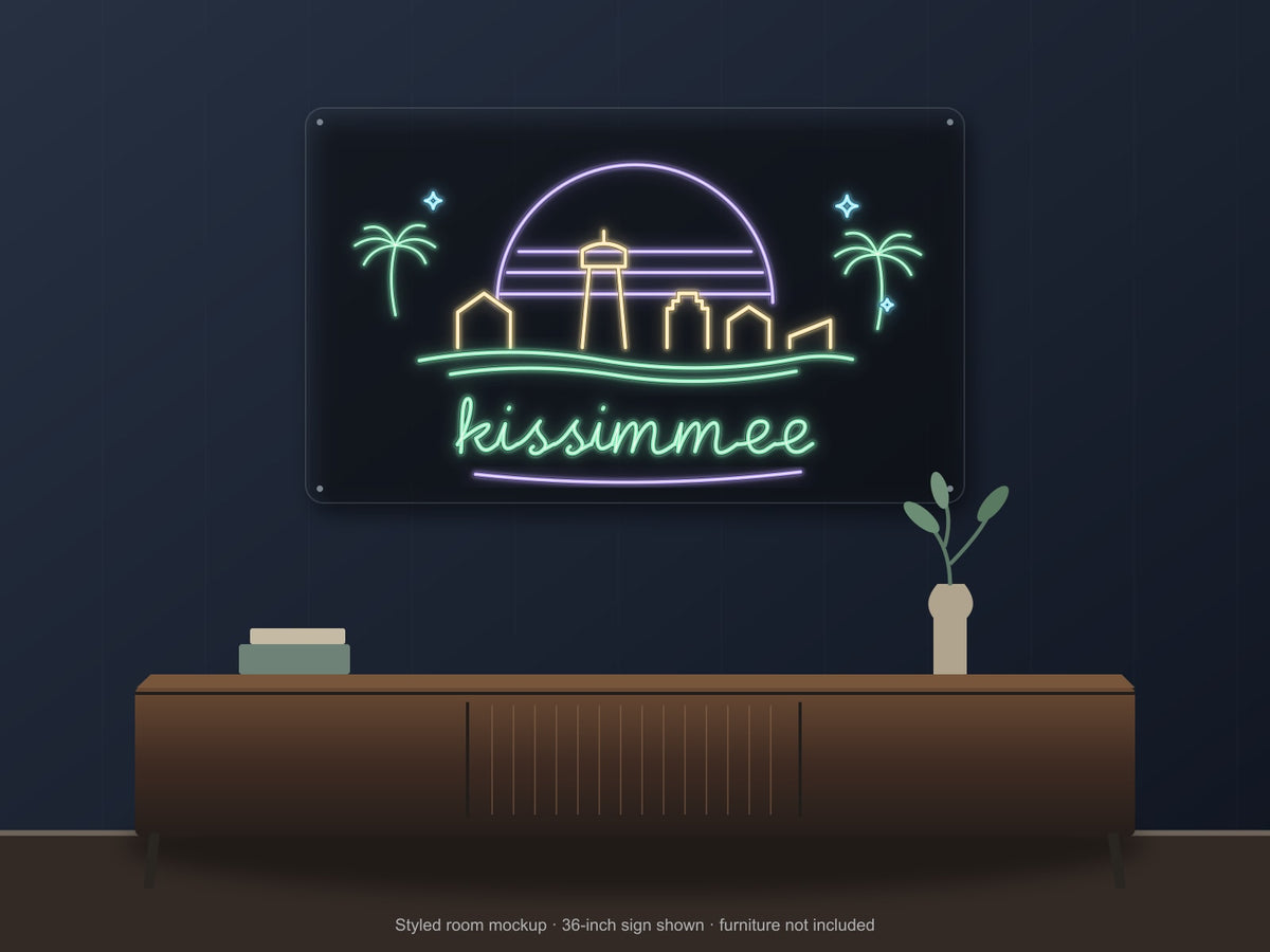 Kissimmee Skyline Neon Sign shown above a walnut console in a styled room mockup