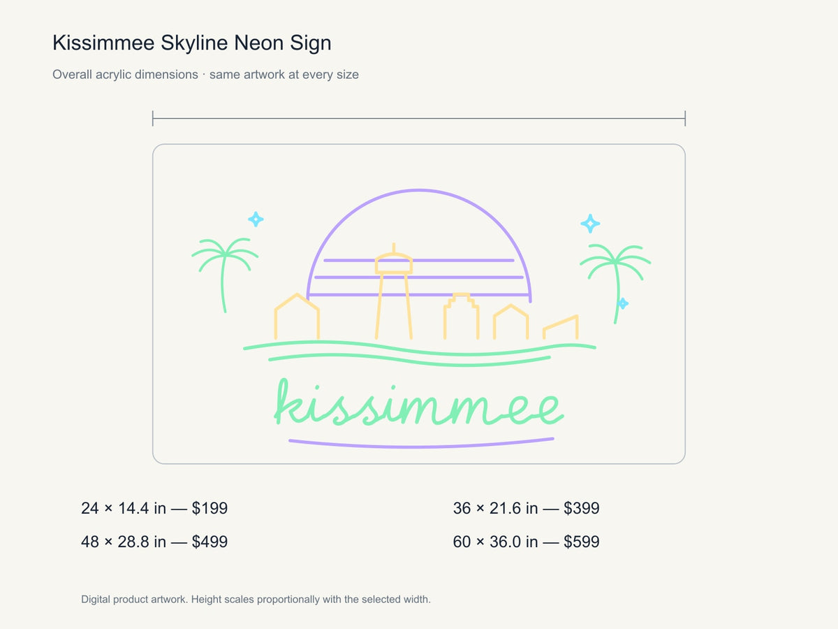 Kissimmee Skyline Neon Sign size guide with overall dimensions for all four widths