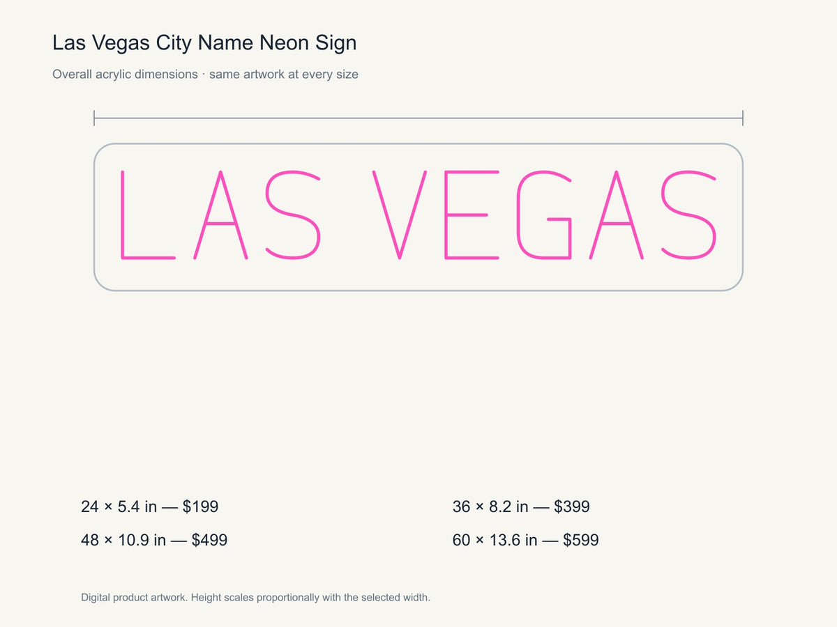 Las Vegas City Name Neon Sign size guide with overall dimensions for all four widths