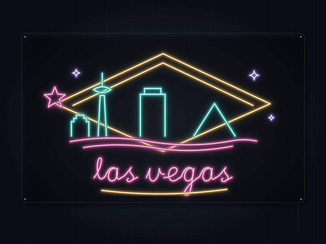 Las Vegas Skyline Neon Sign with colorful landmark artwork and flowing city lettering - front digital render