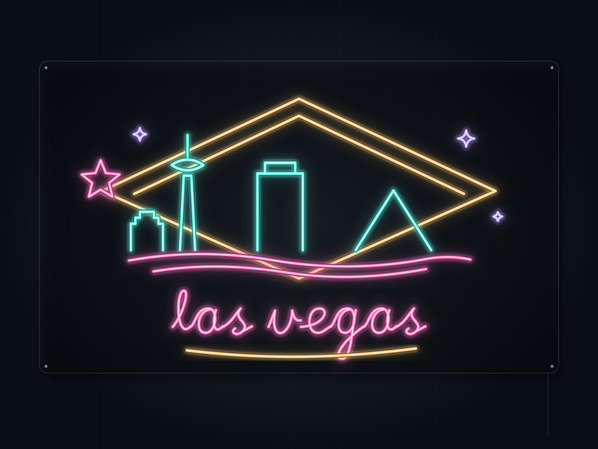 Las Vegas Skyline Neon Sign with colorful landmark artwork and flowing city lettering - front digital render