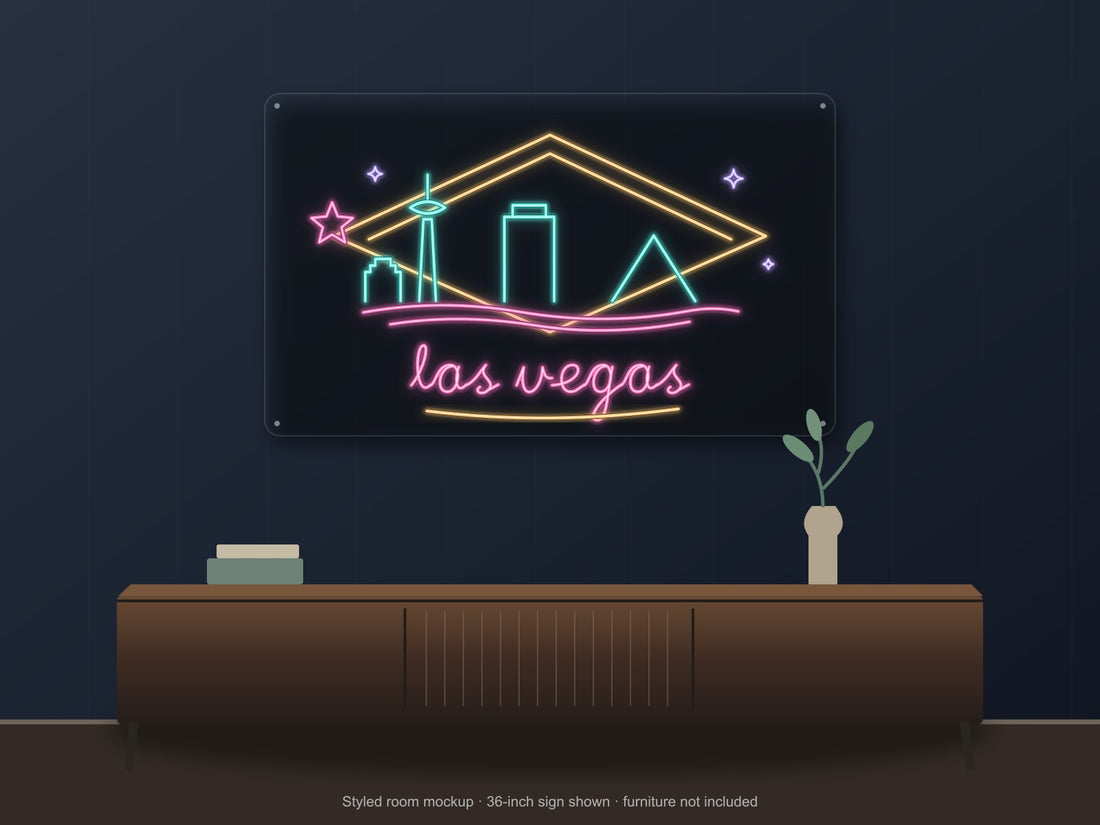 Las Vegas Skyline Neon Sign with colorful landmark artwork and flowing city lettering - front digital render