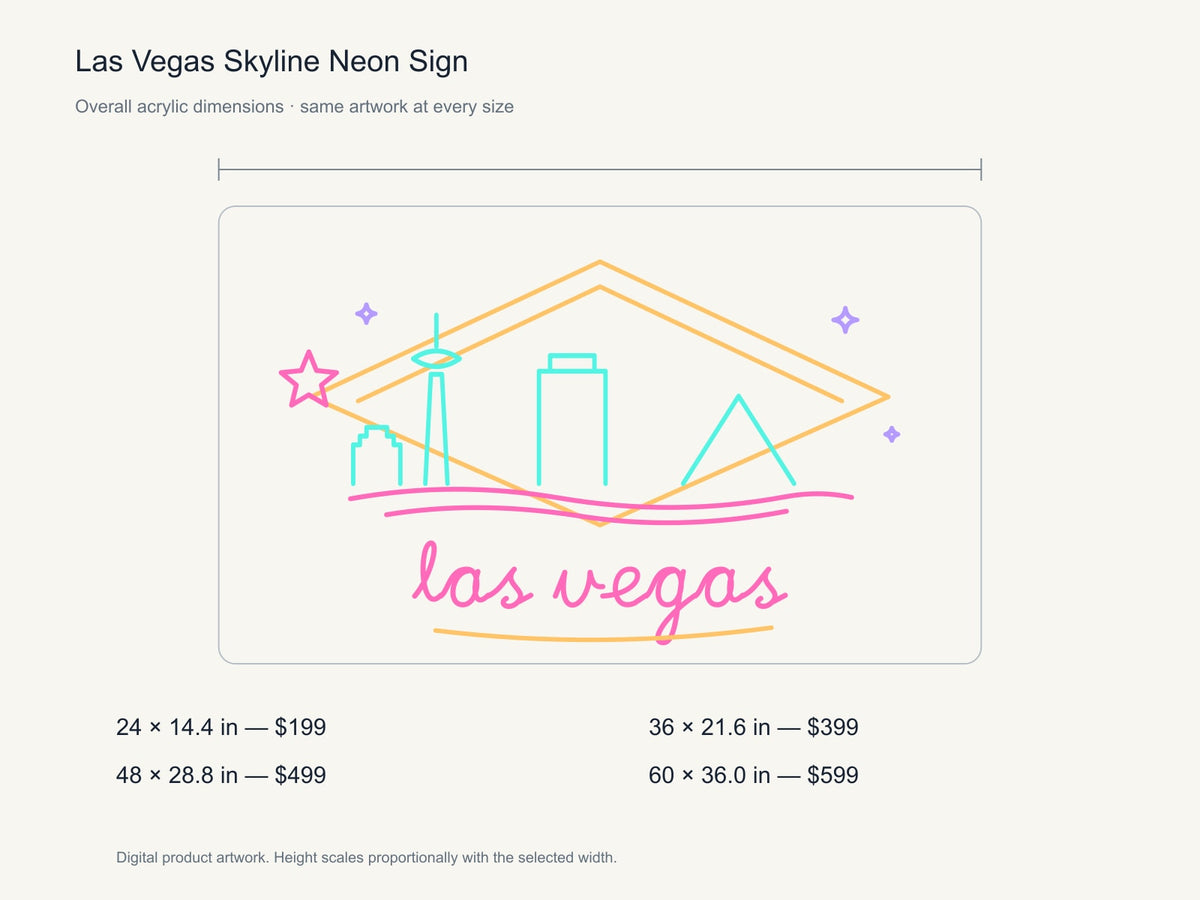 Las Vegas Skyline Neon Sign size guide with overall dimensions for all four widths