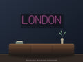 London City Name Neon Sign shown above a walnut console in a styled room mockup