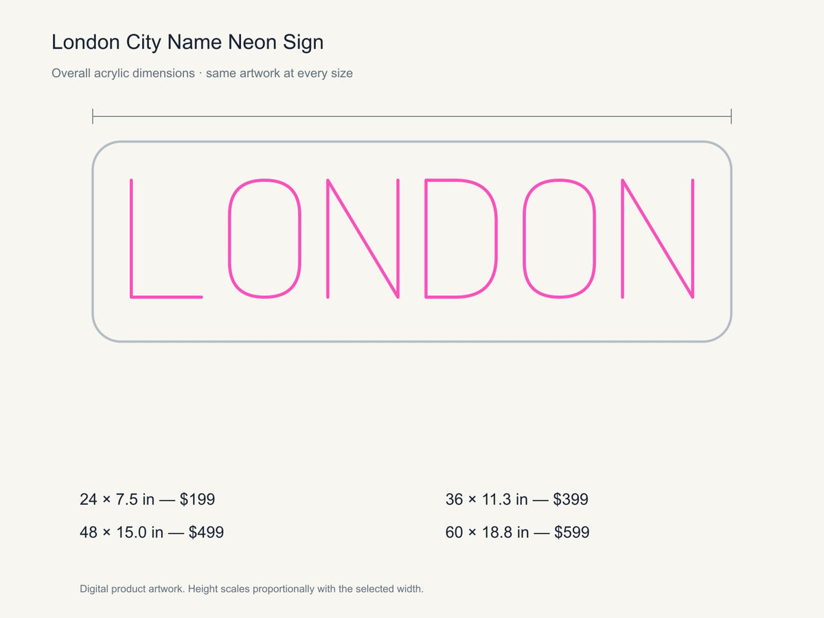 London City Name Neon Sign size guide with overall dimensions for all four widths