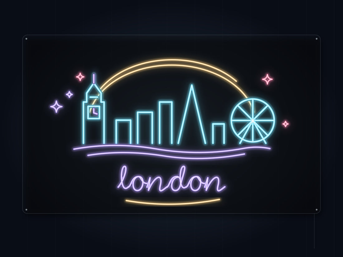 London Skyline Neon Sign with colorful landmark artwork and flowing city lettering - front digital render