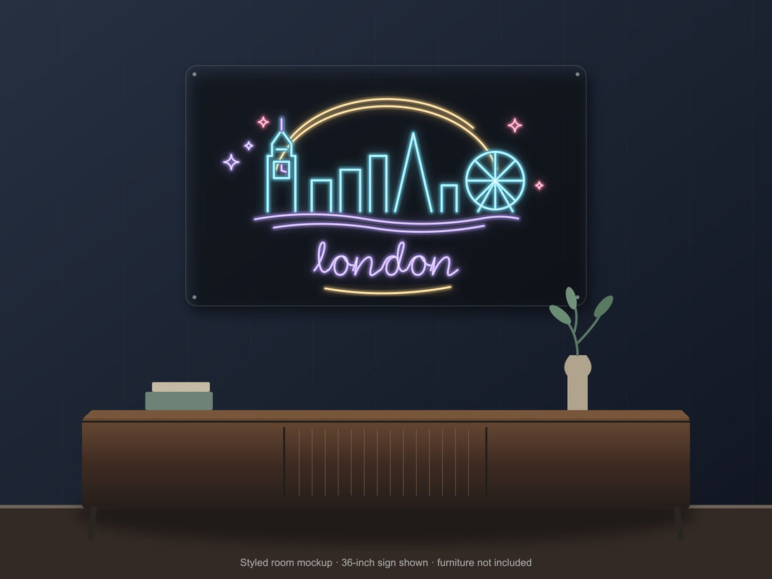 London Skyline Neon Sign with colorful landmark artwork and flowing city lettering - front digital render