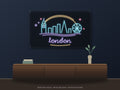 London Skyline Neon Sign shown above a walnut console in a styled room mockup