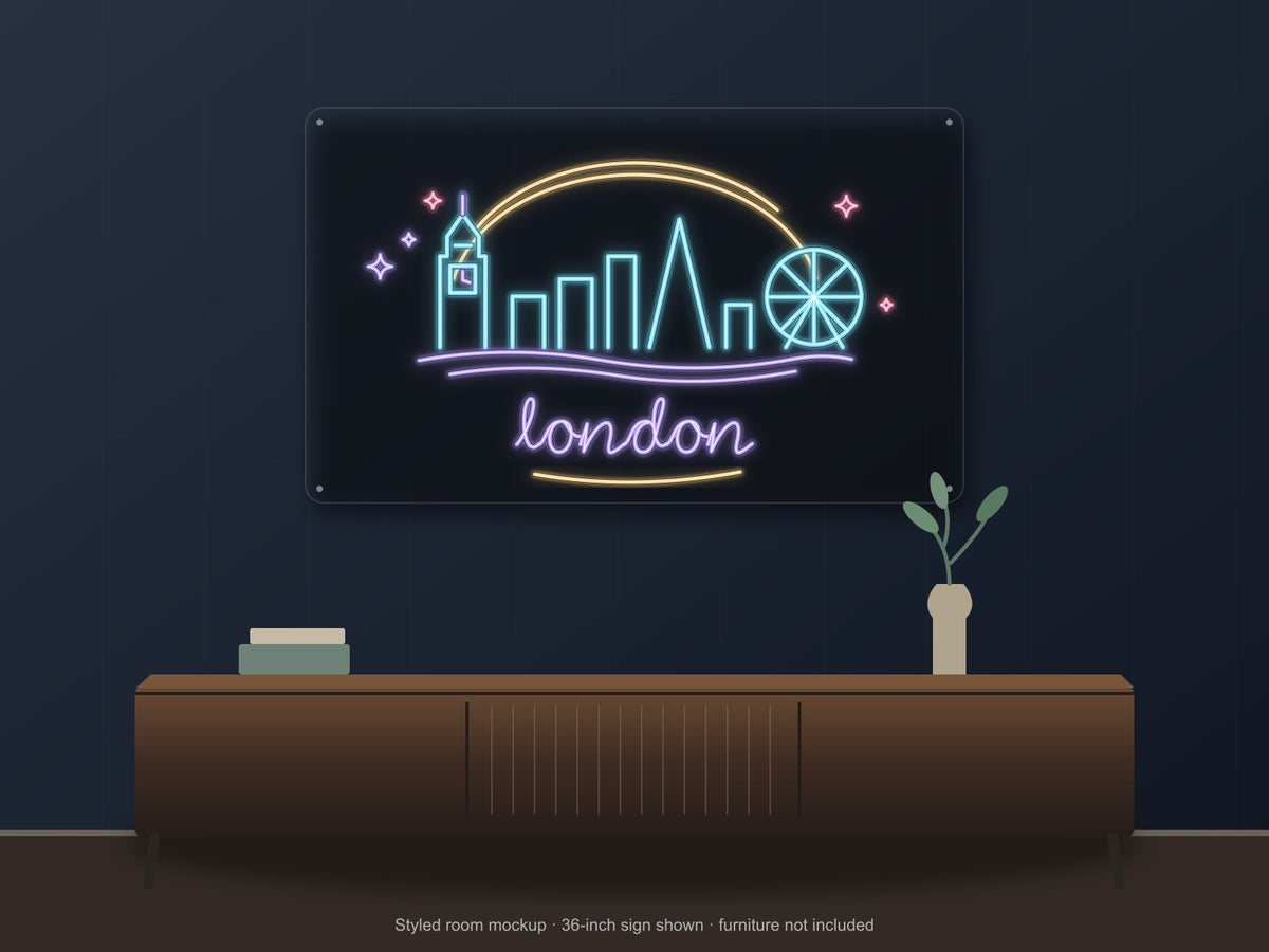 London Skyline Neon Sign shown above a walnut console in a styled room mockup