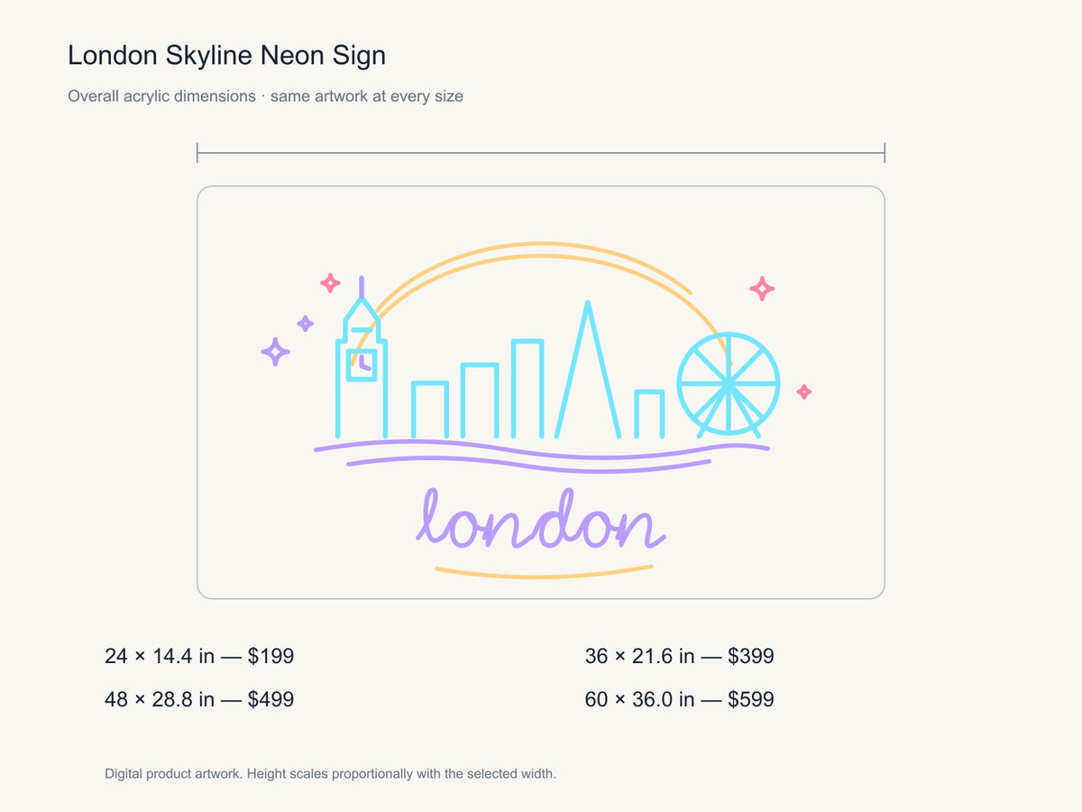 London Skyline Neon Sign size guide with overall dimensions for all four widths