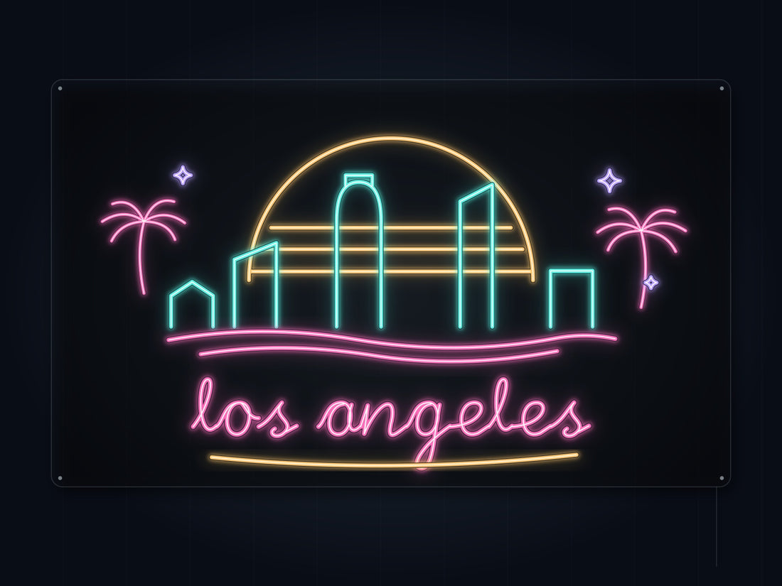 Los Angeles Skyline Neon Sign with colorful landmark artwork and flowing city lettering - front digital render