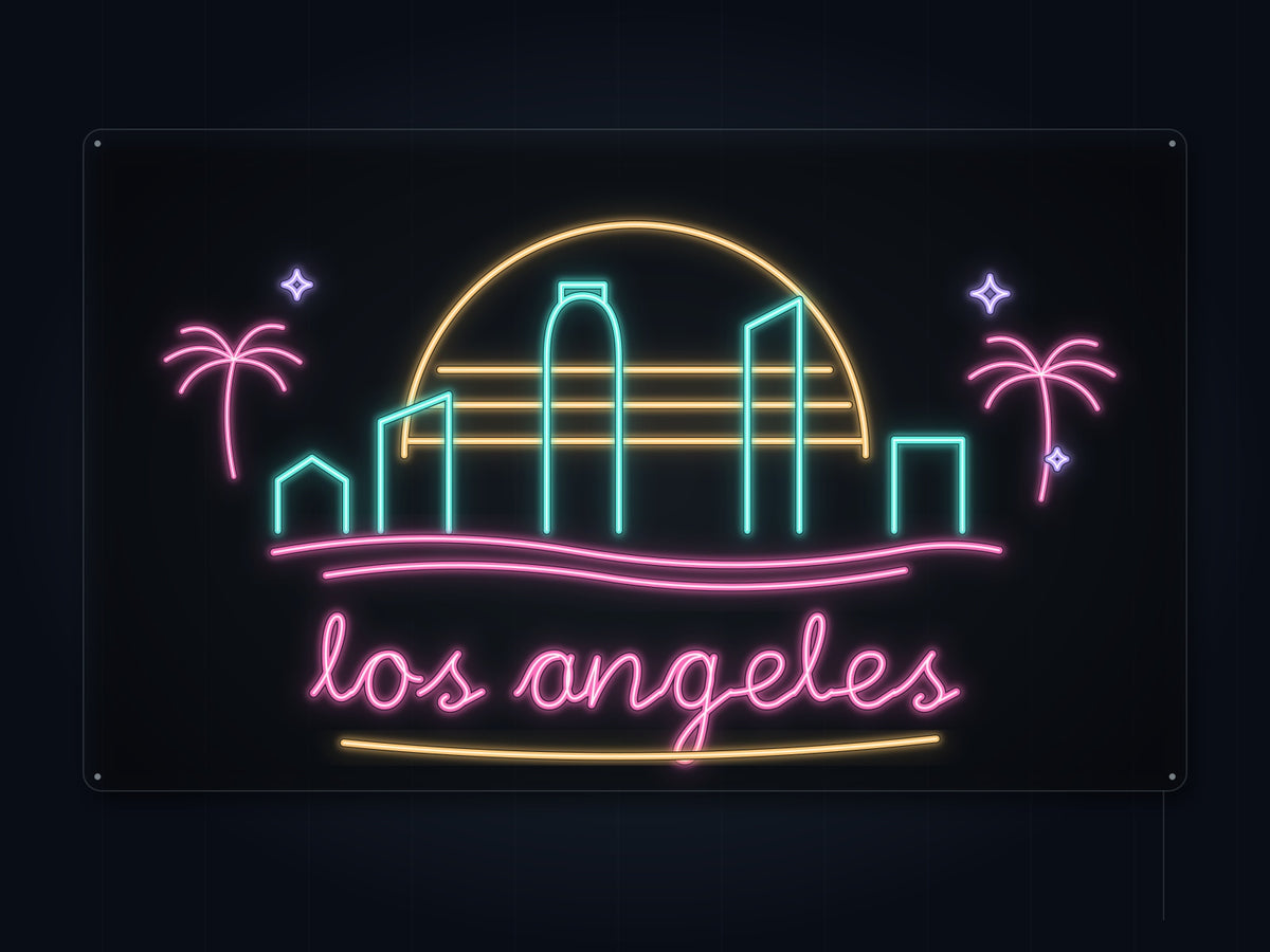 Los Angeles Skyline Neon Sign with colorful landmark artwork and flowing city lettering - front digital render