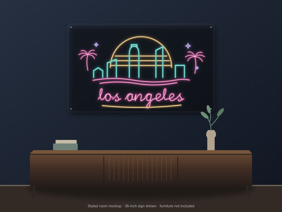 Los Angeles Skyline Neon Sign with colorful landmark artwork and flowing city lettering - front digital render