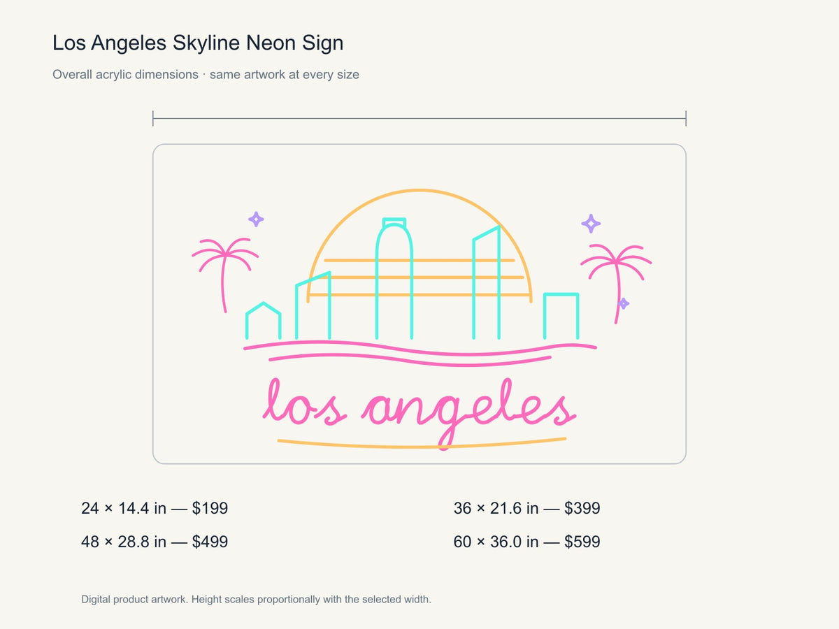 Los Angeles Skyline Neon Sign size guide with overall dimensions for all four widths