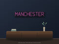 Manchester City Name Neon Sign shown above a walnut console in a styled room mockup