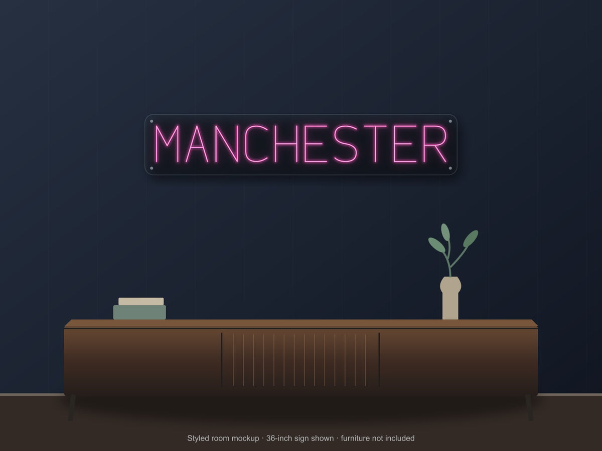 Manchester City Name Neon Sign shown above a walnut console in a styled room mockup