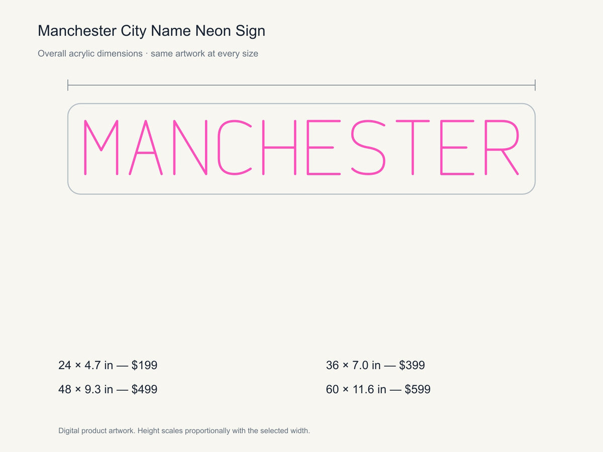 Manchester City Name Neon Sign size guide with overall dimensions for all four widths