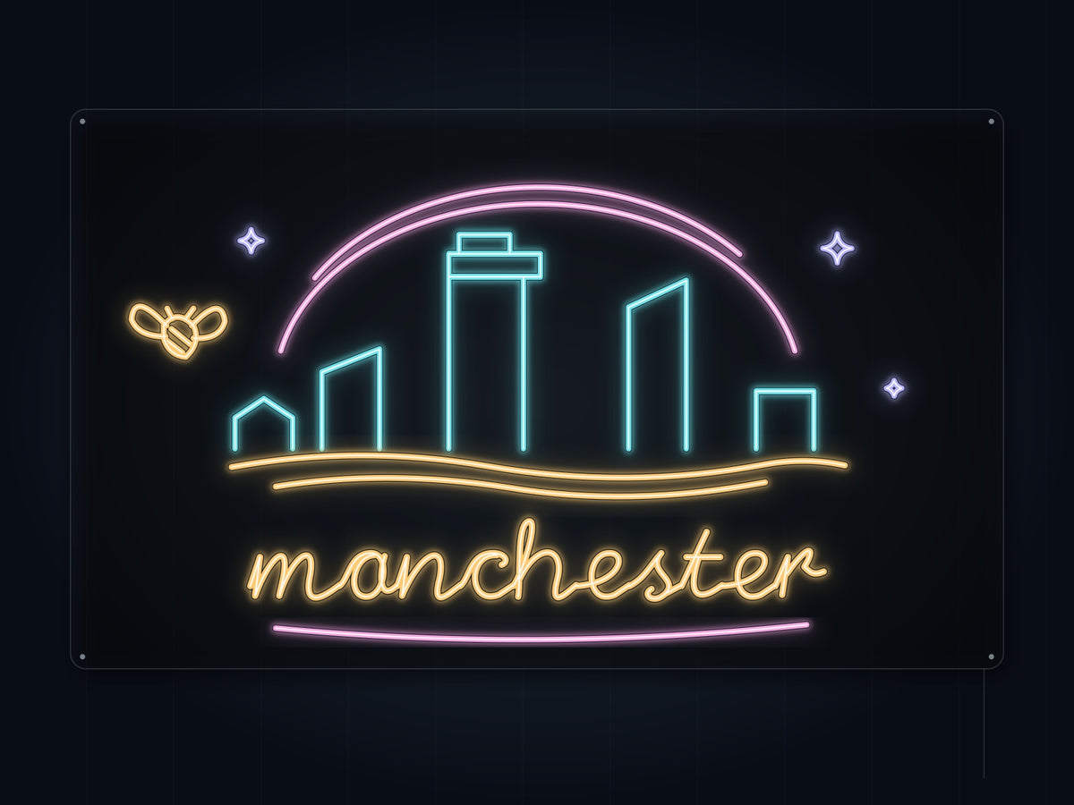 Manchester Skyline Neon Sign with colorful landmark artwork and flowing city lettering - front digital render