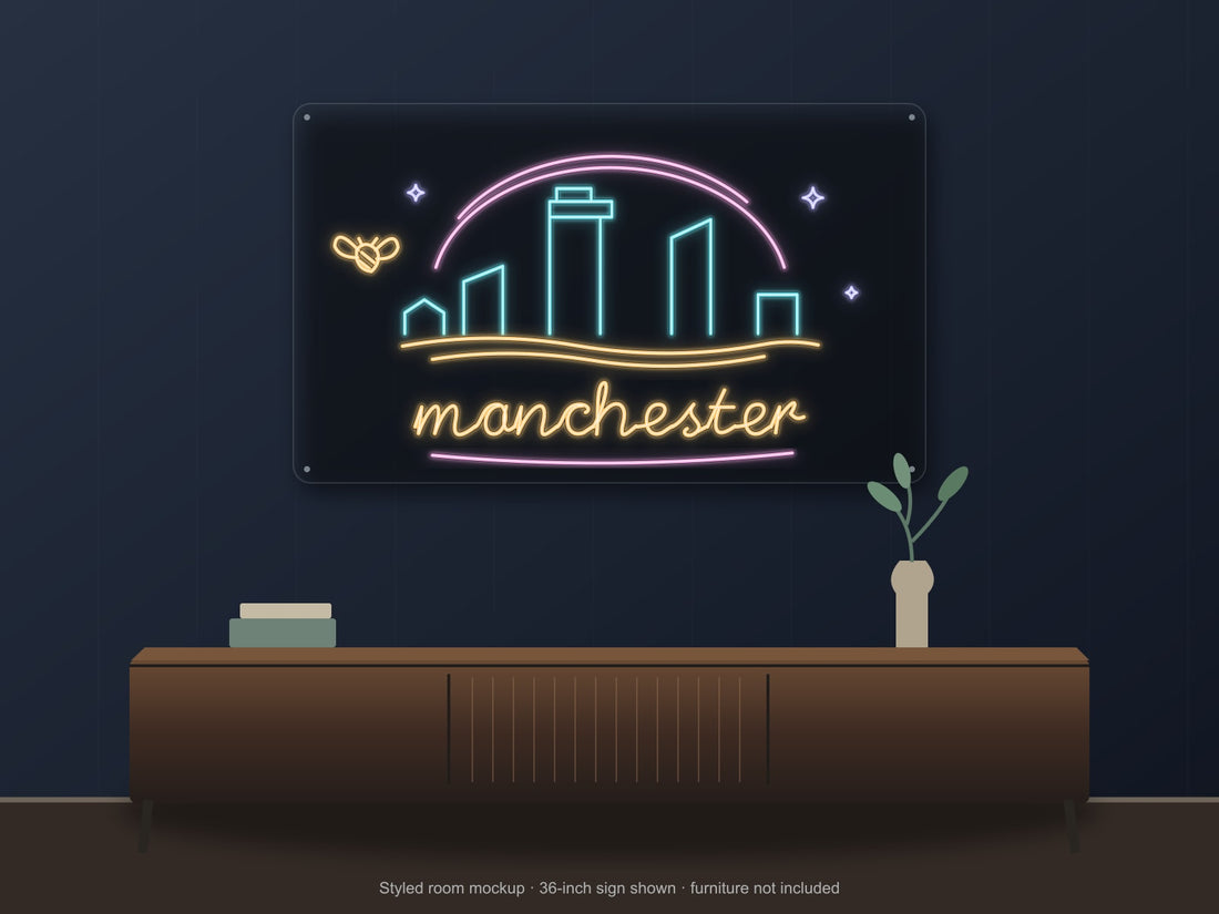 Manchester Skyline Neon Sign with colorful landmark artwork and flowing city lettering - front digital render