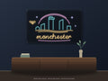 Manchester Skyline Neon Sign shown above a walnut console in a styled room mockup