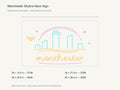 Manchester Skyline Neon Sign size guide with overall dimensions for all four widths