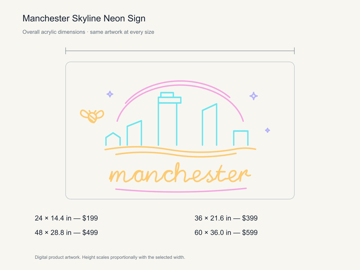 Manchester Skyline Neon Sign size guide with overall dimensions for all four widths
