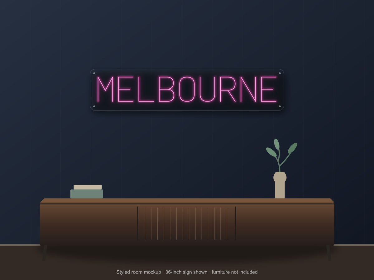 Melbourne City Name Neon Sign shown above a walnut console in a styled room mockup