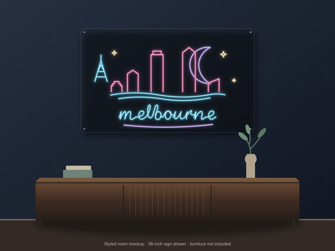 Melbourne Skyline Neon Sign with colorful landmark artwork and flowing city lettering - front digital render