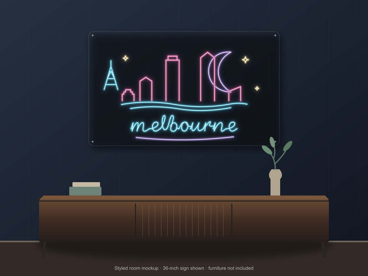 Melbourne Skyline Neon Sign shown above a walnut console in a styled room mockup