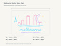 Melbourne Skyline Neon Sign size guide with overall dimensions for all four widths