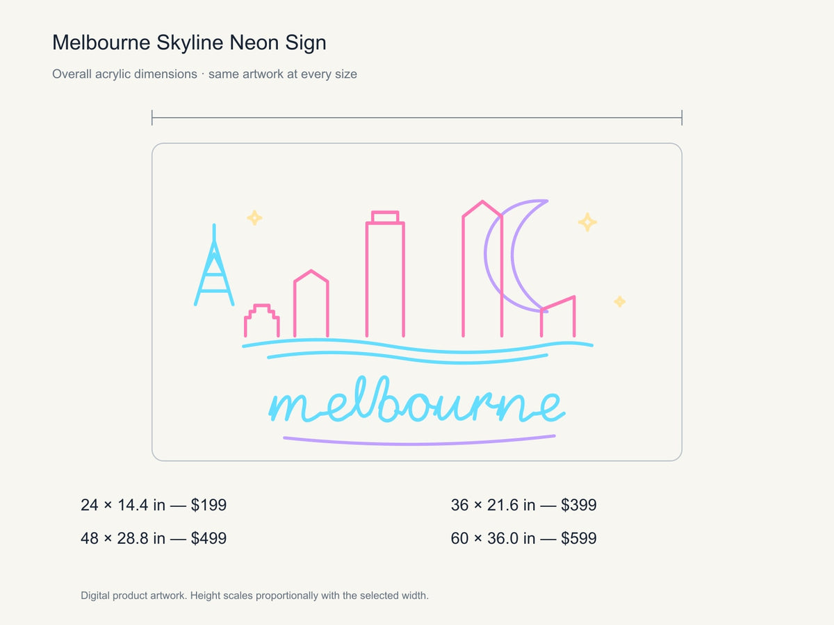 Melbourne Skyline Neon Sign size guide with overall dimensions for all four widths