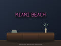Miami Beach City Name Neon Sign shown above a walnut console in a styled room mockup