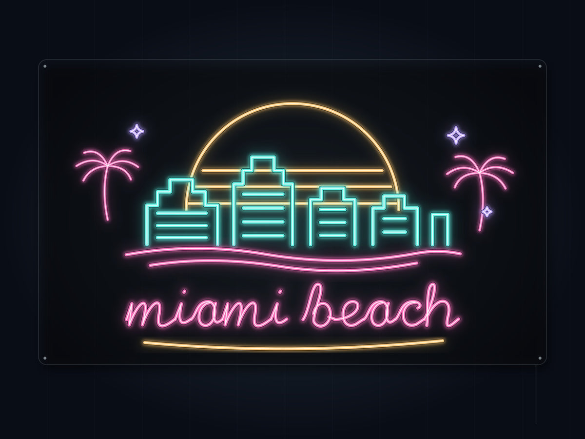 Miami Beach Skyline Neon Sign with colorful landmark artwork and flowing city lettering - front digital render