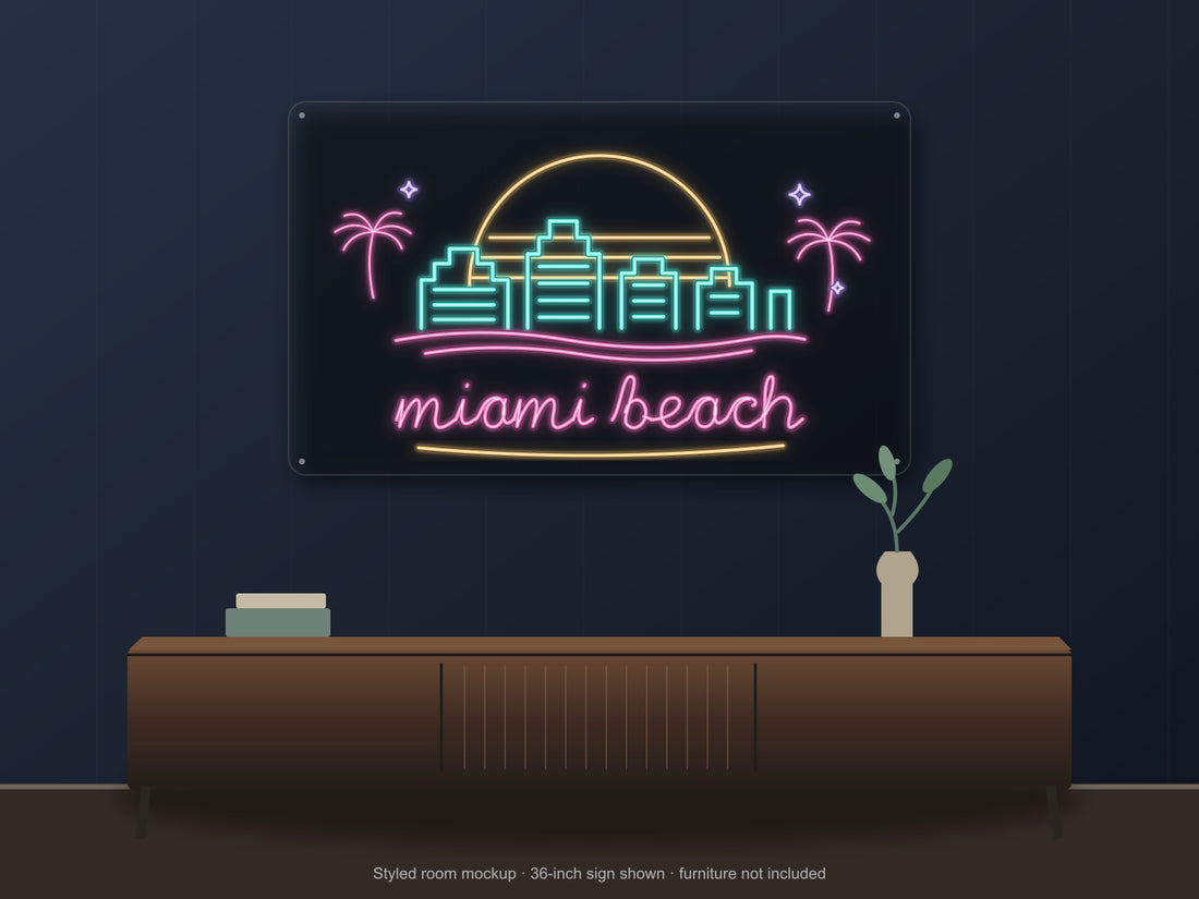 Miami Beach Skyline Neon Sign with colorful landmark artwork and flowing city lettering - front digital render