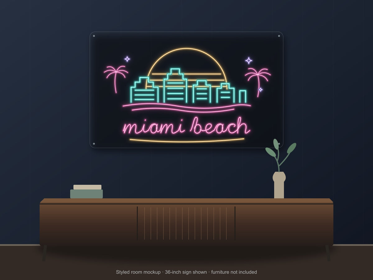 Miami Beach Skyline Neon Sign shown above a walnut console in a styled room mockup