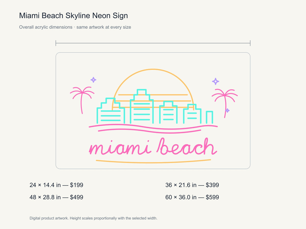 Miami Beach Skyline Neon Sign size guide with overall dimensions for all four widths