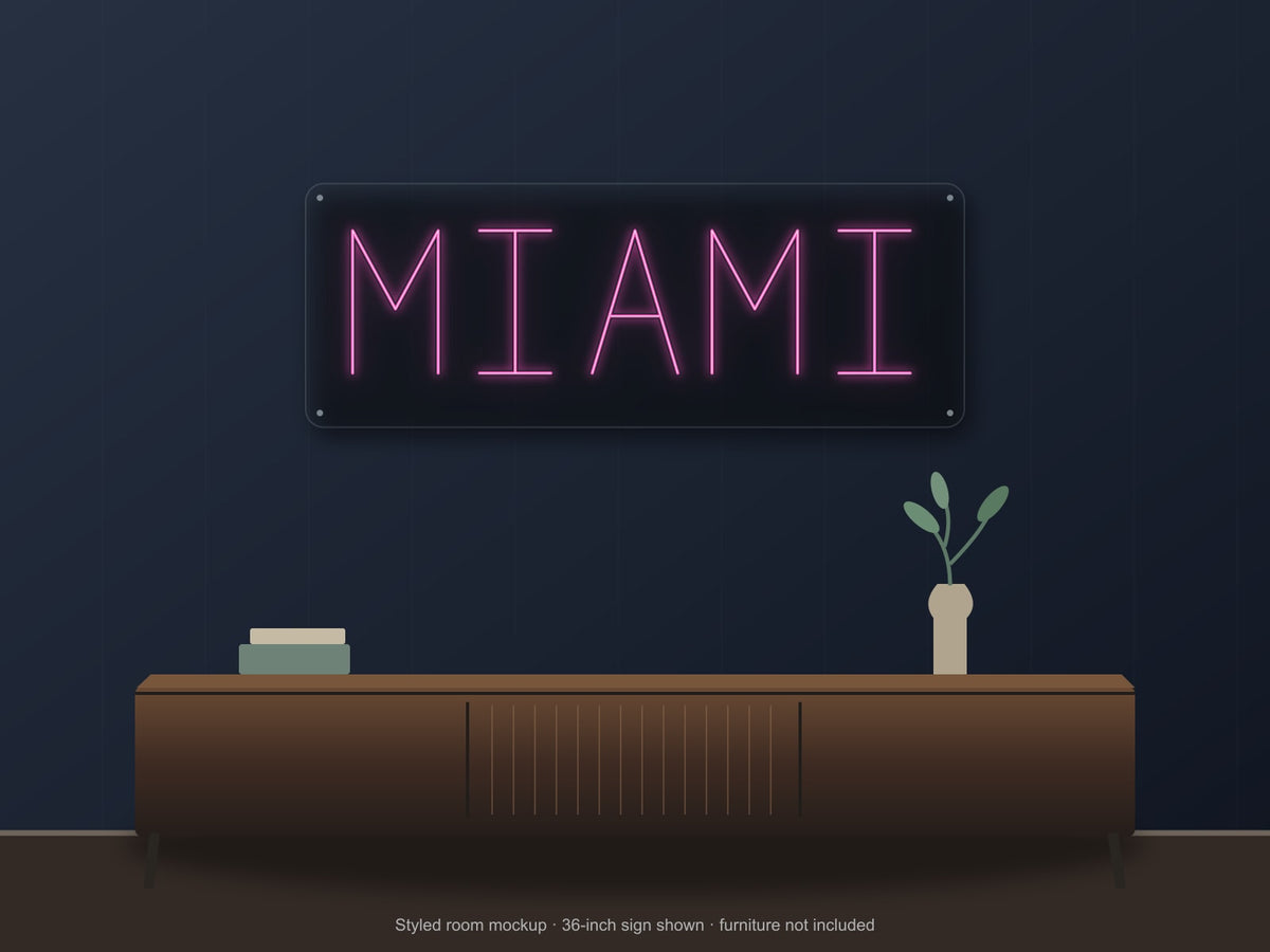 Miami City Name Neon Sign shown above a walnut console in a styled room mockup