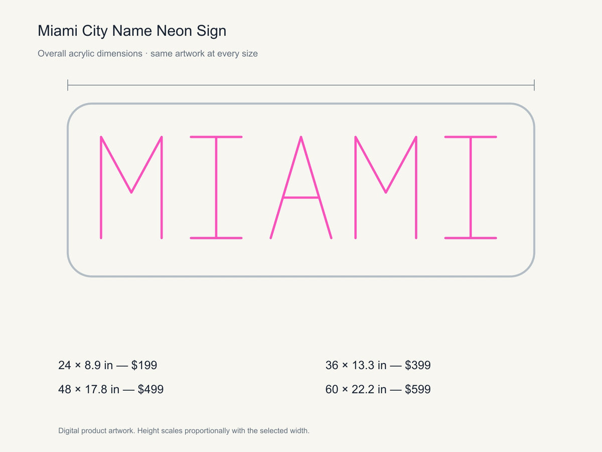 Miami City Name Neon Sign size guide with overall dimensions for all four widths